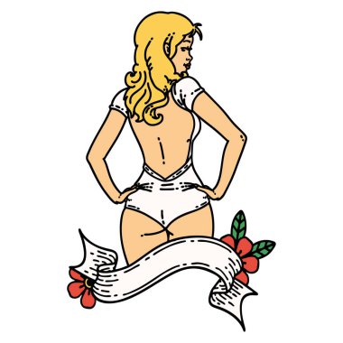 Geleneksel stil dövmeli pankartlı mayo kız dövmesi.