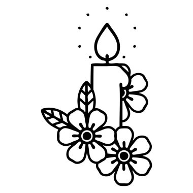 Siyah çizgi şeklinde dövme. Mum ve çiçek şeklinde.