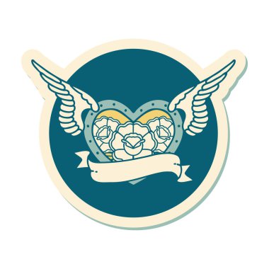 Geleneksel bir dövme stili. Çiçek ve bayrak taşıyan uçan kalp stili.