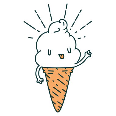 Geleneksel dövmeli dondurma karakterinin el sallaması.