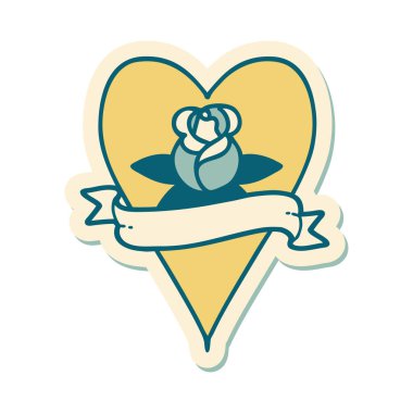 Dövme çıkartması geleneksel tarz bir kalp gülü ve bayrağı 