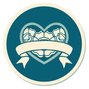 Geleneksel kalp stili dövme çıkartması ve çiçekli pankart.