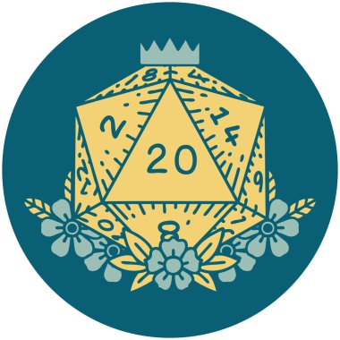 Retro Dövme Biçimi Doğal 20 D20 zarlar Çiçekli elementlerle yuvarlanır