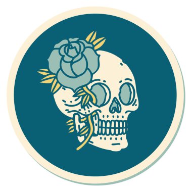 Geleneksel kafatası ve gül stili dövme çıkartması.