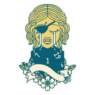 Retro Dövme Tarzı Ağlayan Ork düzenbaz karakter yüzü ve doğal bir d20 zar atma