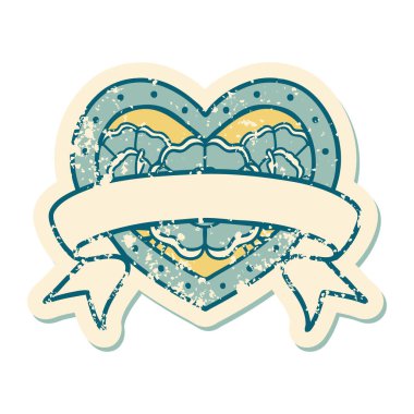 ikonik sıkıntılı dövme stili bir kalp ve çiçekli pankart