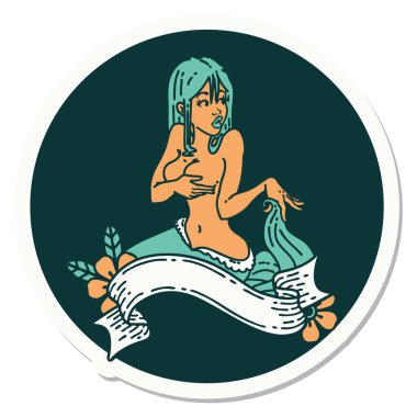 Geleneksel stil dövme çıkartması. Sancaklı bir denizkızı.