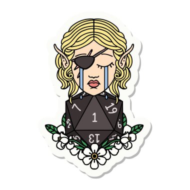 Ağlayan bir elf karakterinin çıkartması. Yüzünde doğal bir D20 rulosu var.