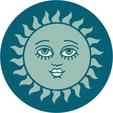 ikonik dövme stili yüzü olan bir güneşin görüntüsü