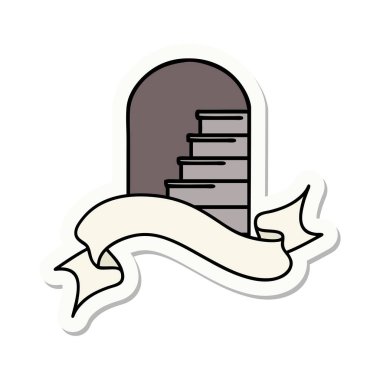 Basamaklara açılan kapının pankartına sahip dövme stili çıkartması