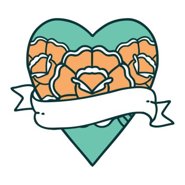 ikonik dövme stili bir kalp ve çiçekli pankart