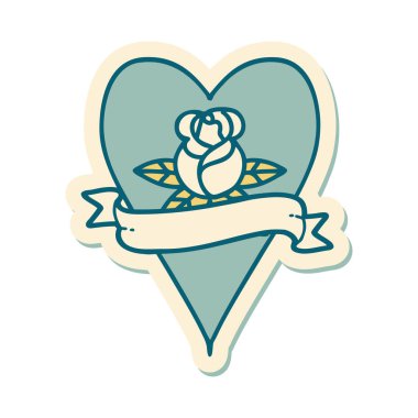 Dövme çıkartması geleneksel tarz bir kalp gülü ve bayrağı 