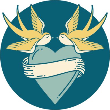 Kırlangıçların ikonik dövme şekli ve sancaklı bir kalp.