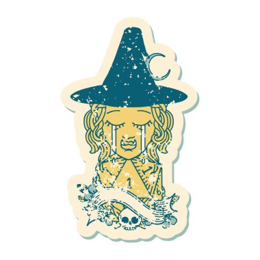 Retro Dövme Tarzı Ağlama Yarı Ork cadı yüzü ve doğal bir d20 zar atma