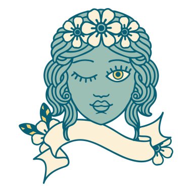 Geleneksel dövmeli, yüzü yanıp sönen genç kızların bayrağı.