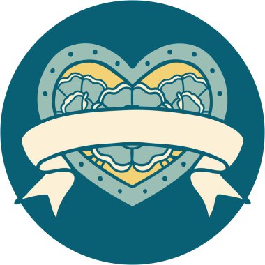 ikonik dövme stili bir kalp ve çiçekli pankart