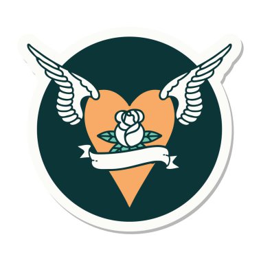 Geleneksel bir dövme stili. Çiçek ve bayrak taşıyan uçan kalp stili.