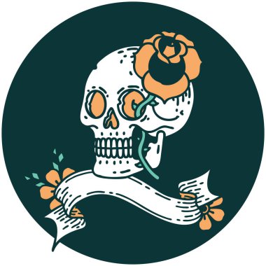 bir kafatası ve gül pankartıyla dövme biçimi simgesi