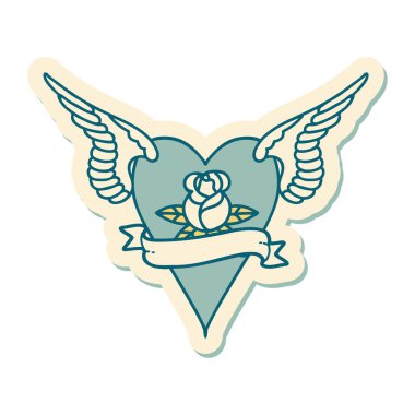 Geleneksel bir dövme stili. Çiçek ve bayrak taşıyan uçan kalp stili.