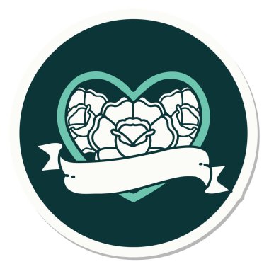 Geleneksel kalp stili dövme çıkartması ve çiçekli pankart.