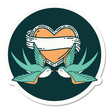 Geleneksel kırlangıç stili dövme çıkartması ve sancaklı bir kalp