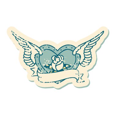 Çiçek ve bayrak taşıyan uçan bir kalbin ikonik kederli dövme görüntüsü