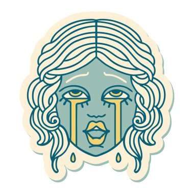 Geleneksel stil dövme çıkartması. Mutlu, ağlayan bir kadın yüzü.