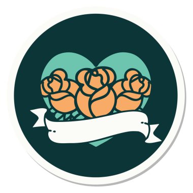 Geleneksel kalp stili dövme çıkartması ve çiçekli pankart.