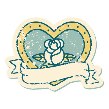 İkonik ıstıraplı dövme stili kalp gülü ve bayrağın görüntüsü 