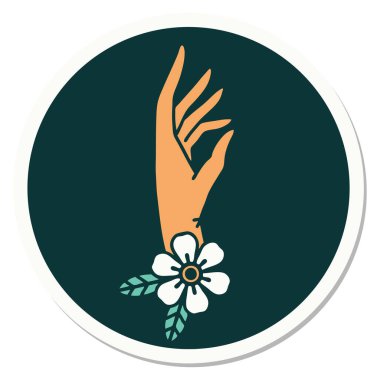 Geleneksel el ve çiçek stiliyle dövme çıkartması.