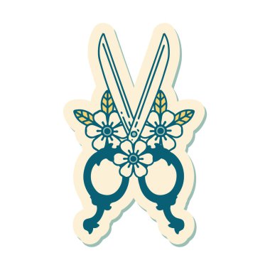 Geleneksel berber makas ve çiçek stili dövme çıkartması