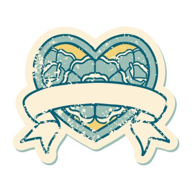 ikonik sıkıntılı dövme stili bir kalp ve çiçekli pankart