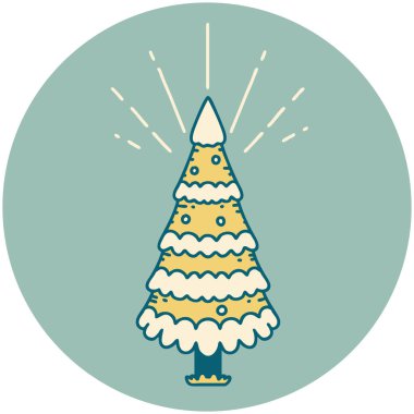 Dövme tarzı bir ikon. Çam ağacı karla kaplı.