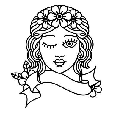 Geleneksel siyah çizgi dövmesi, üzerinde göz kırpan bakirelerin dövmesi var.