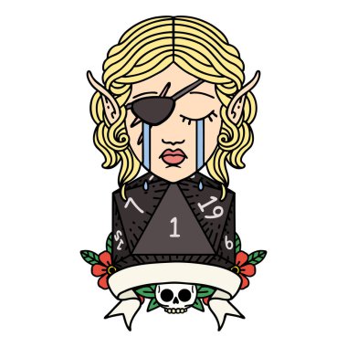 Retro Dövme Tarzı Ağlayan elf haylaz karakteri ve doğal bir D20 rulo