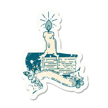 Dövme stili eski bir çıkartma. Kitapta eriyen mum.