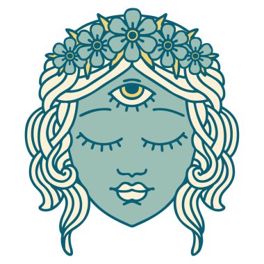 İkonik dövme stili. Üçüncü gözü ve çiçek tacıyla kadın yüzü.