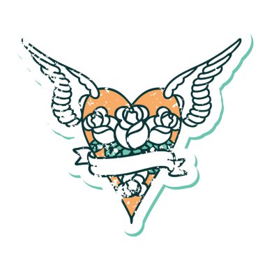 Çiçek ve bayrak taşıyan uçan bir kalbin ikonik kederli dövme görüntüsü