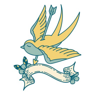 Geleneksel dövmeli bir kırlangıç sancağıyla ok ile fırlatılmış