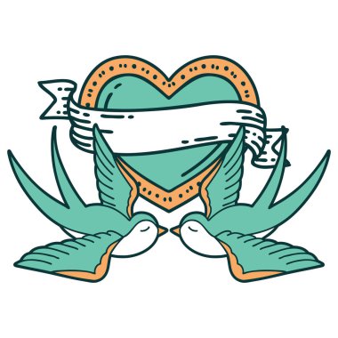 Kırlangıçların ikonik dövme şekli ve sancaklı bir kalp.