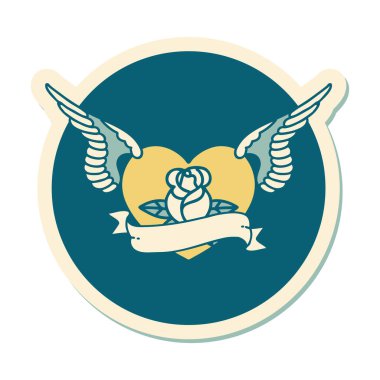 Geleneksel bir dövme stili. Çiçek ve bayrak taşıyan uçan kalp stili.