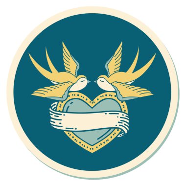 Geleneksel kırlangıç stili dövme çıkartması ve sancaklı bir kalp