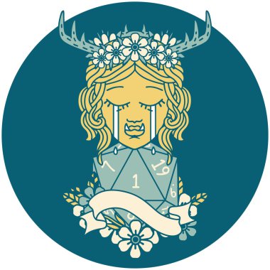 Retro Dövme Tarzı Ağlayan Ork barbar karakter yüzü ve doğal bir D20 rulo