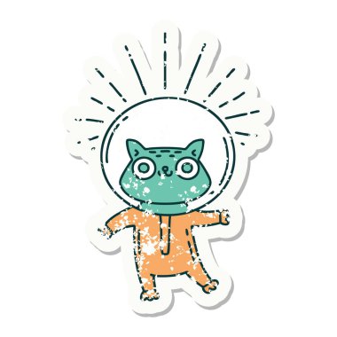 Astronot kıyafetli dövme stili bir kedinin eski çıkartması.