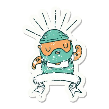 Dövme stili eski bir çıkartma. Sakallı adam pazılarını esnetiyor.