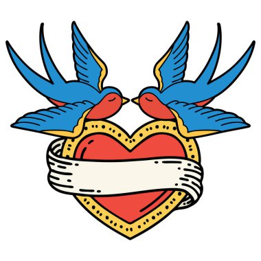 Geleneksel kırlangıç stilinde dövme ve sancaklı bir kalp.