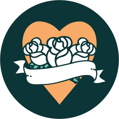 ikonik dövme stili bir kalp ve çiçekli pankart