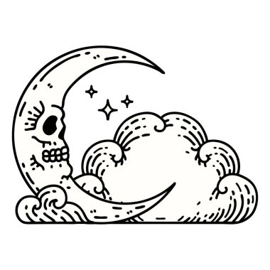 Kafatası hilal şeklinde geleneksel bir dövme ve bulutlar