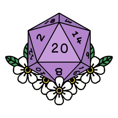 Retro Dövme Biçimi Doğal 20 D20 zarlar Çiçekli elementlerle yuvarlanır