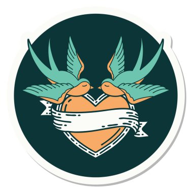 Geleneksel kırlangıç stili dövme çıkartması ve sancaklı bir kalp